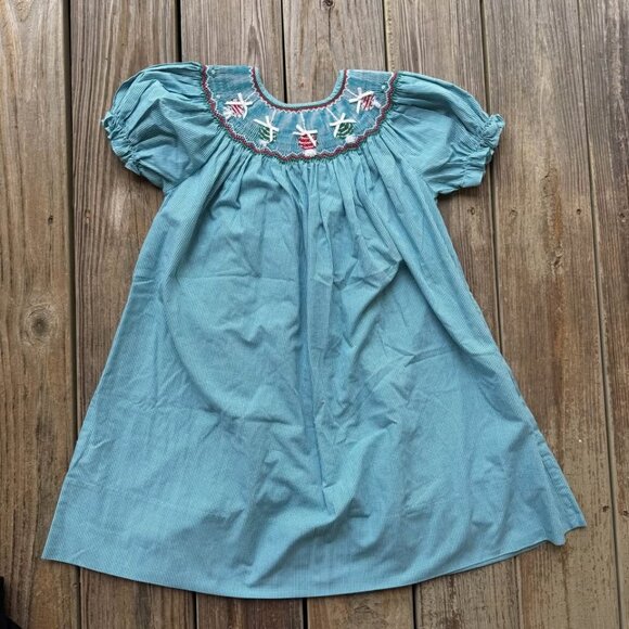 Rosalina Girls Smocked Bishop Dress Teal Gingham Christmas Ornaments Size 4T - Picture 8 of 8